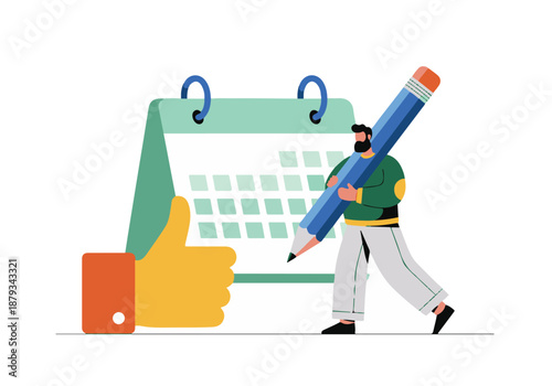Man with giant pencil next to calendar and thumbs up, scheduling concept