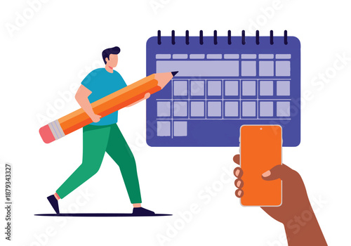 Man planning schedule on calendar with pencil and smartphone