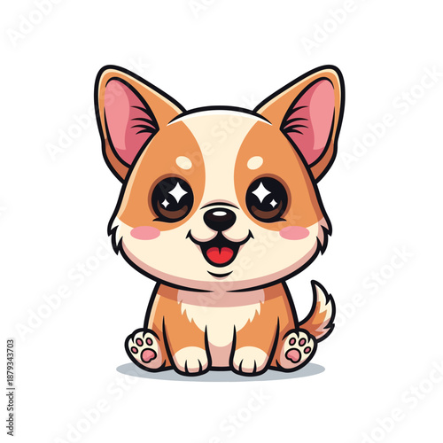 A cute brown and white cartoon dog sits happily on the ground.