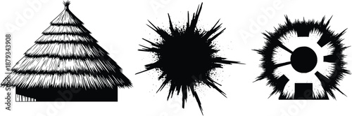 Abstract black silhouette elements including thatched hut, ink splatter burst and circular explosion shape, grunge graphic design set for creative illustration use