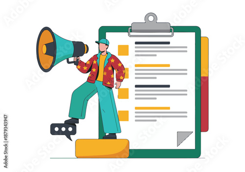 Business communication strategy, man with megaphone and task checklist