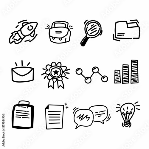 business icons set hand drawn doodle style