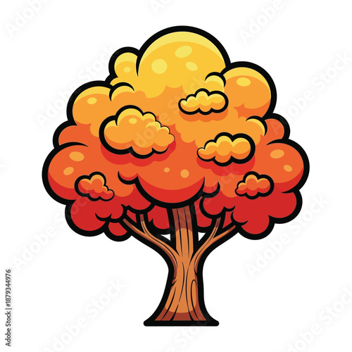 Vibrant Autumn Tree Illustration with Orange and Yellow Leaves, Cartoon Style