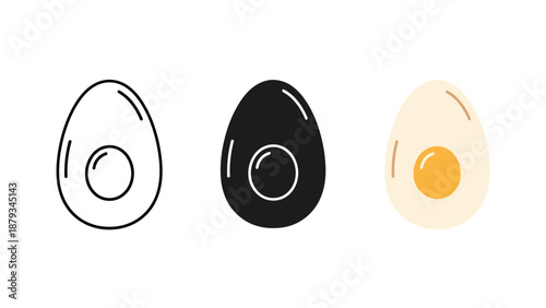 Three eggs in different states line up on white background for food illustration