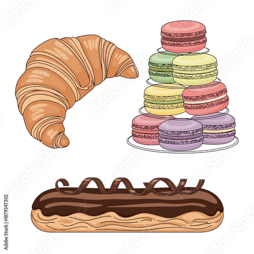 Assorted pastries including croissants and macarons displayed