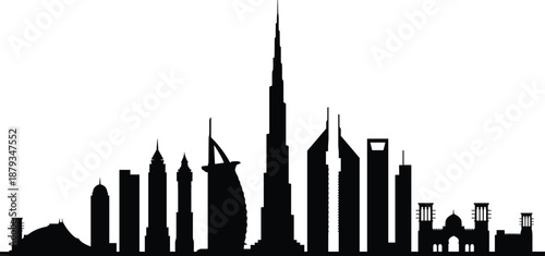 Dubai skyline silhouette featuring iconic modern architecture and landmarks, minimalist black cityscape design for travel, tourism, business, and UAE promotional creative projects