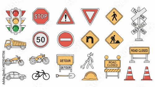 Collection of Road Signs and Traffic Signals.