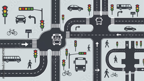 Busy City Intersection with Traffic Lights and Vehicles.