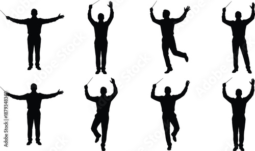 Silhouettes of orchestra conductor expressive conducting poses, ideal music-themed illustration, performing arts concepts, creative design projects, classical music promotion, entertainment visuals