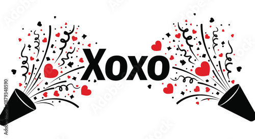 A festive arrangement of hearts confetti party horns and the affectionate term xoxo shown as a silhouette