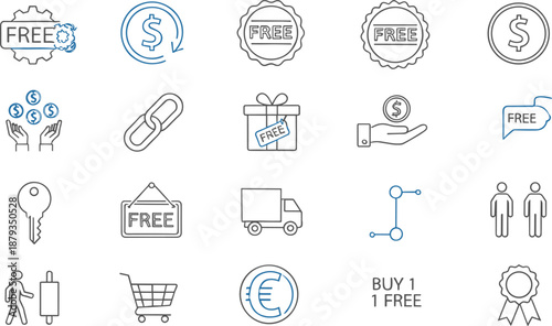 Set of retail and promotional icons in blue and black line art featuring free offers, currency symbols, and shopping carts