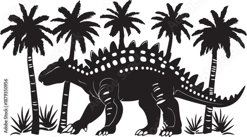A prehistoric jurassic dinosaur vector illustration featuring a black and white striped zebra pattern isolated on a white background as a wild cartoon reptile silhouette