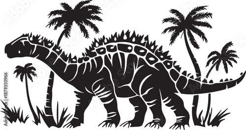 A standing profile of a cartoon tyrannosaurus rex dinosaur vector illustration with a black and white striped zebra pattern isolated on a white savanna background