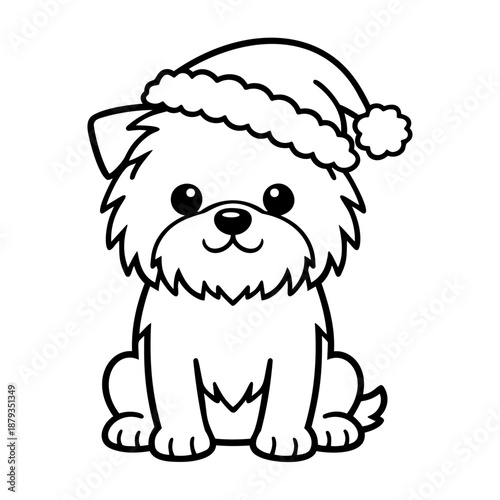 Cute fluffy puppy dog wearing Santa hat, black and white outline cartoon vector illustration for Christmas coloring page, sticker, greeting card or kids design
