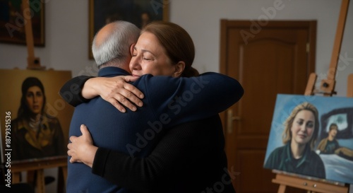 Emotional Embrace of Middle Aged Woman and Man