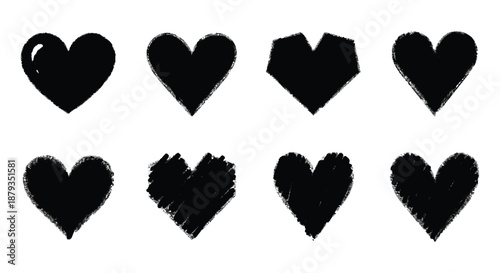 A collection of black heart shapes in various styles beautifully showcasing minimalist design and a striking silhouette