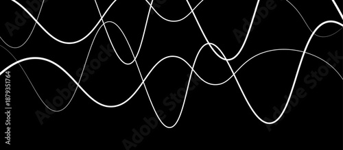 Abstract White Flowing Light Waves on Black Background, Smooth Curved Lines Representing Sound Frequency, Digital Signal, Energy Motion, and Modern Technology Concept.