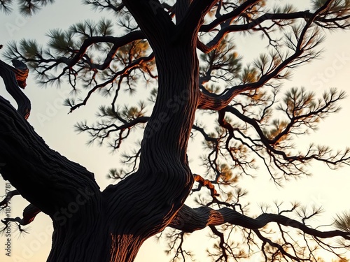 A gnarled pine, its form sculpted by wind and time, viewed askew in gentle, ethereal light,  ethereal,  minimalist