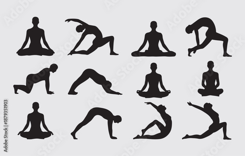 Minimal 8 Black Fitness Silhouette Set of Workout Poses
