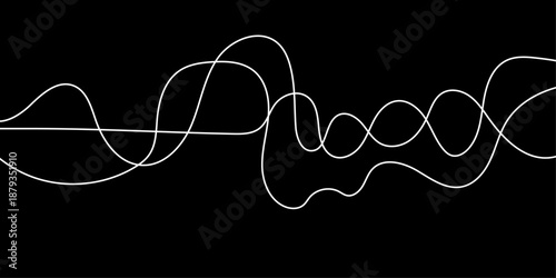 Abstract White Flowing Light Waves on Black Background, Smooth Curved Lines Representing Sound Frequency, Digital Signal, Energy Motion, and Modern Technology Concept.