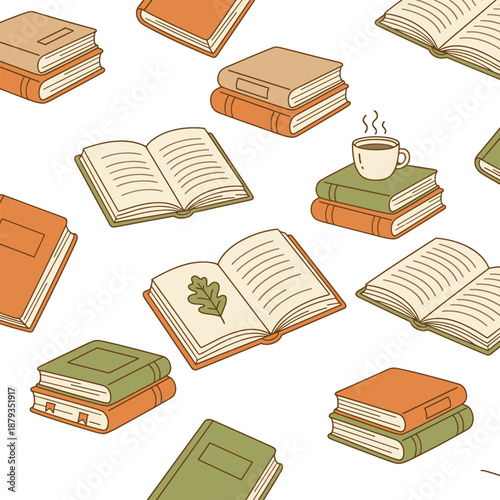 Cozy illustrated books pattern featuring stacked and open books with warm colors, autumn vibes, and reading-themed decorative elements