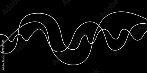 Abstract White Flowing Light Waves on Black Background, Smooth Curved Lines Representing Sound Frequency, Digital Signal, Energy Motion, and Modern Technology Concept.