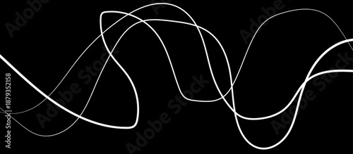 Abstract White Flowing Light Waves on Black Background, Smooth Curved Lines Representing Sound Frequency, Digital Signal, Energy Motion, and Modern Technology Concept.