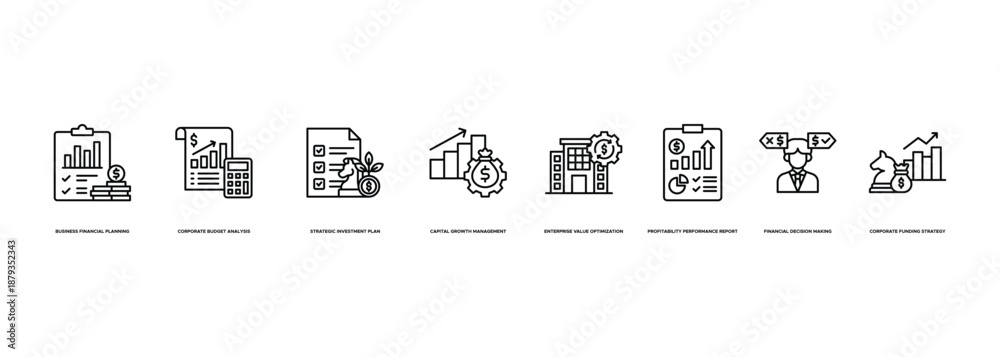 Fototapeta premium Corporate Finance Strategy Banner Illustration Featuring Business Financial Planning, Corporate Budget Analysis, Strategic Investment Plan, Capital Growth Management, Enterprise Value Optimization