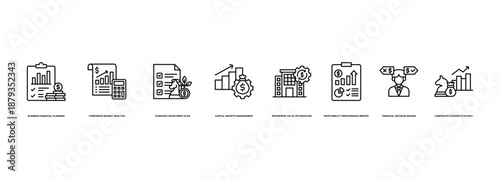 Corporate Finance Strategy Banner Illustration Featuring Business Financial Planning, Corporate Budget Analysis, Strategic Investment Plan, Capital Growth Management, Enterprise Value Optimization