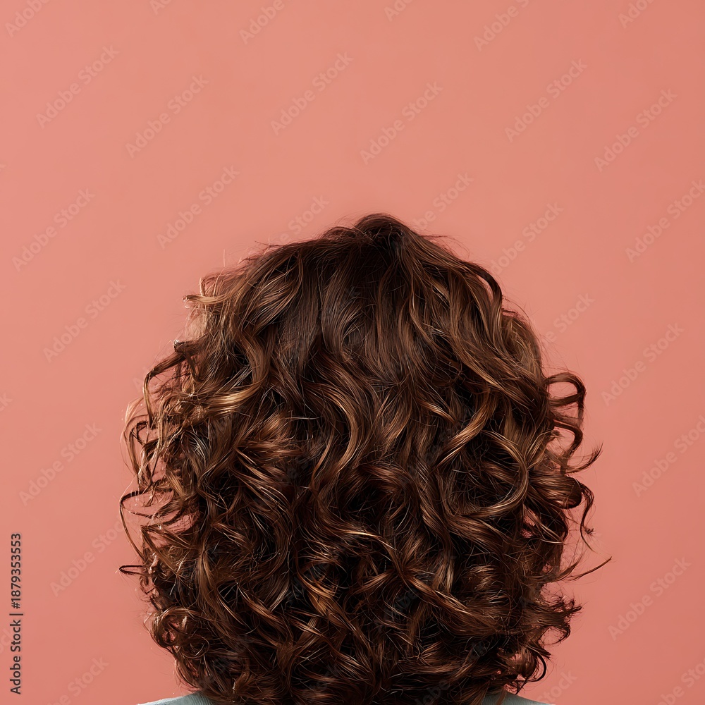 Naklejka premium Images of healthy, curly hair with defined, shiny waves are ideal for advertising hair care products for curly hair, shampoos, treatments, and hair care brands.