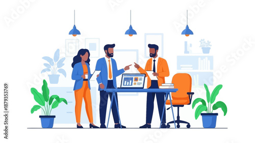 Three diverse business professionals collaborating around a desk with a laptop displaying charts in a modern office setting.