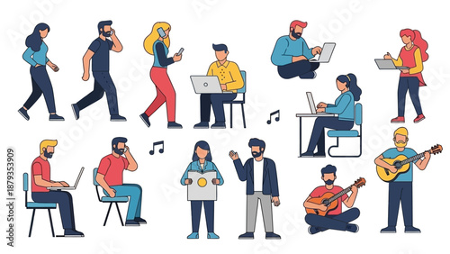 A diverse group of people engaged in various activities like walking, talking on phones, working on laptops, playing music, and holding signs, illustrating modern life and individual pursuits.