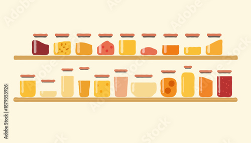 Flat vector illustration of a shelf filled with jars, bottles and storage containers. Organized kitchen or pantry shelf, home storage, minimal still life and modern interior concept.