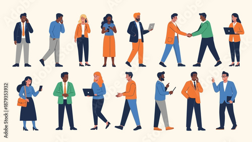 A diverse group of people in business attire are depicted in a flat, modern illustration, some interacting with technology.