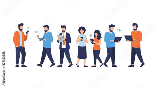 A diverse group of people are shown using various electronic devices like smartphones, tablets, and laptops, indicating a modern digital lifestyle.