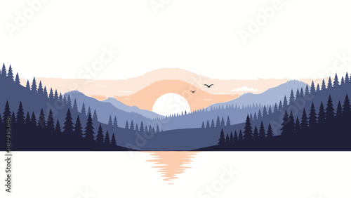 Serene mountain landscape at sunrise with a calm lake reflecting the sky and trees.