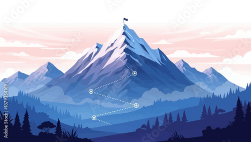 A winding path leads to the summit of a majestic snow-capped mountain, symbolizing achievement and success.