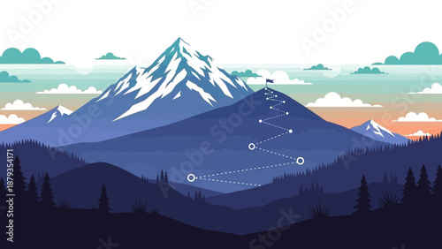 A winding path marked by circles leads up a majestic snow-capped mountain peak, symbolizing a journey towards a goal.