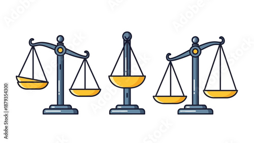 Three different types of balance scales are depicted in a flat illustration style.