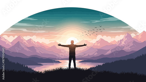 A silhouette of a person with arms outstretched stands on a grassy hill, facing a majestic sunrise over a serene lake and distant mountains.