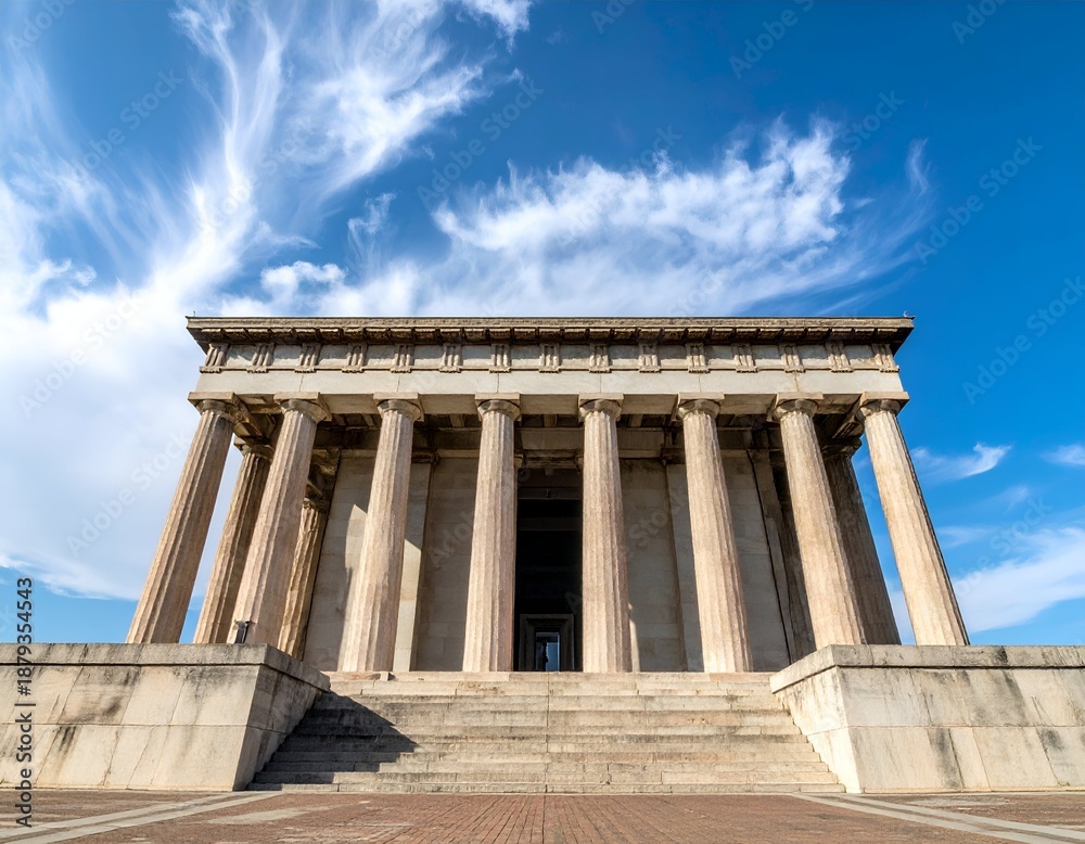 Obraz premium Neoclassical monument with columns under a wispy cloud-filled sky