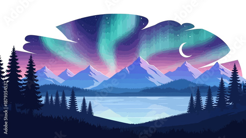 Vibrant Aurora Borealis Shimmers Over a Serene Mountain Lake and Pine Forest Landscape.