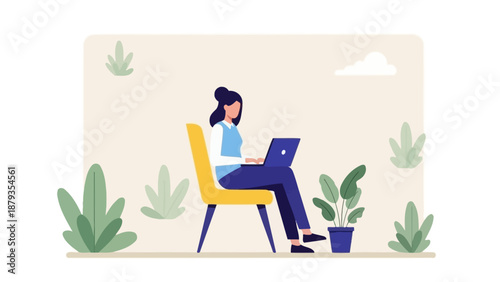 A woman sits on a yellow chair outdoors, working on her laptop amidst lush green plants and a cloudy sky.