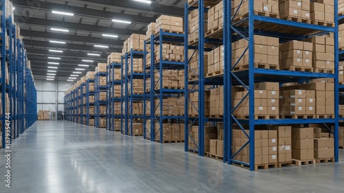 Spacious modern warehouse interior filled with stacked cardboard boxes on blue metal shelves