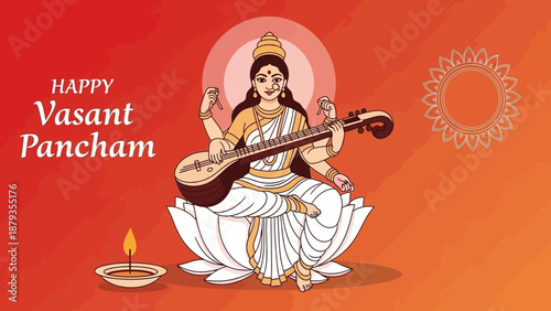 Beautiful illustration of the Hindu goddess of knowledge and music, playing the veena on a lotus flower for a cultural festival