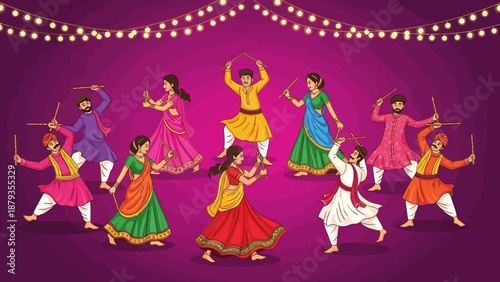 A vibrant illustration of men and women performing traditional Garba or Dandiya Raas dance during an Indian festival like Navratri, adorned in colorful ethnic outfits under festive string lights.