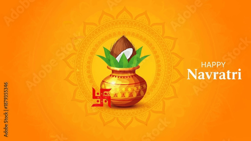 Happy Navratri greeting card with traditional kalash, coconut, mango leaves, and Swastika symbol on an orange background with mandala pattern.