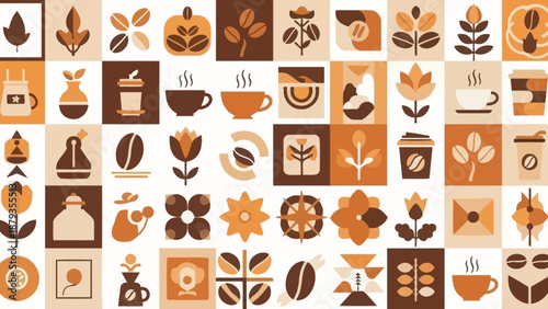 A grid of coffee-themed icons in various shades of brown and beige, featuring coffee beans, cups, plants, and abstract shapes.