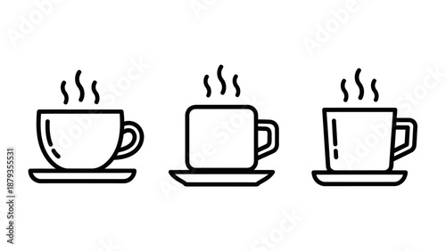 Three different styles of hot beverage cups with steam rising, presented on saucers.