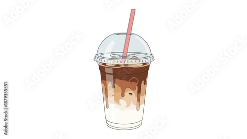 A refreshing iced coffee with milk and chocolate syrup swirls in a clear plastic cup with a dome lid and straw.